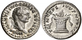 (80 d.C.). Domiciano. Roma. Denario. (Spink 2676) (S. 397a) (RIC. 266 de Tito). 3,52 g. Acuñada bajo Tito. Bella. EBC.