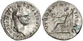 (80 d.C.). Domiciano. Roma. Quinario. (Spink 2679) (S. 624) (RIC. 274 de Tito). 1,39 g. Acuñada bajo Tito. Muy escasa. MBC+.