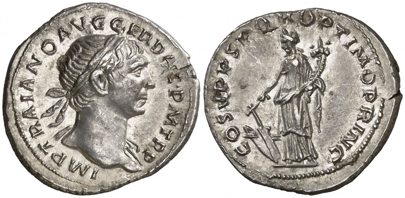 (107 d.C.). Trajano. Roma. Denario. (Spink 3125) (S. 87) (RIC. 122). 3,44 g. Bel...