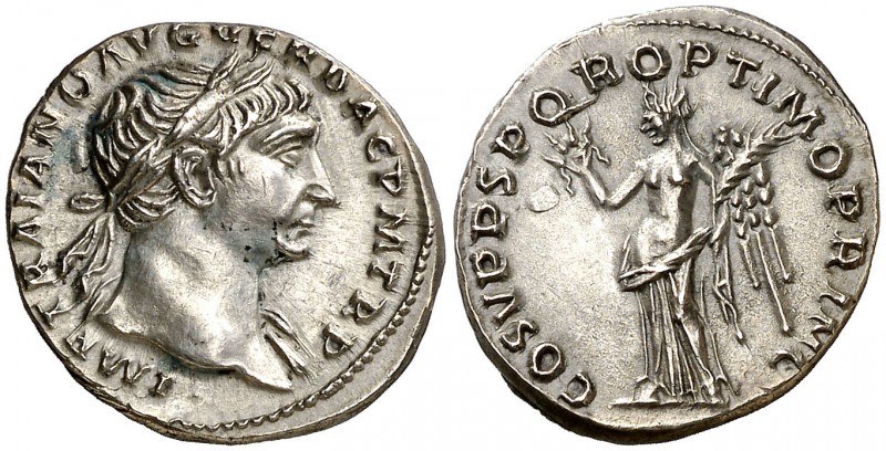 (107 d.C.). Trajano. Roma. Denario. (Spink 3129) (S. 74) (RIC. 128). 3,41 g. Muy...