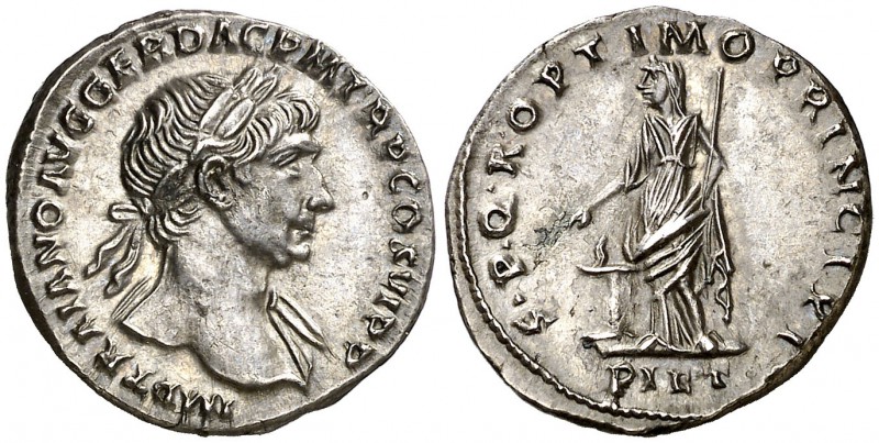 (112 d.C.). Trajano. Roma. Denario. (Spink falta) (S. 201) (RIC. 262). 3,11 g. M...