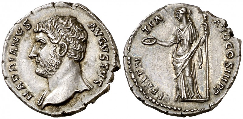 (130 d.C.). Adriano. Roma. Denario. (Spink 3464) (S. 219) (RIC. 206). 3,40 g. Be...