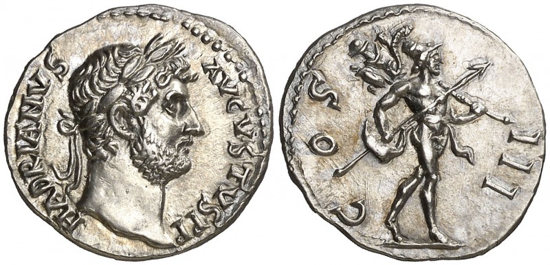 (128 d.C.). Adriano. Roma. Denario. (Spink falta) (S. 301b) (RIC. falta). 3,22 g...