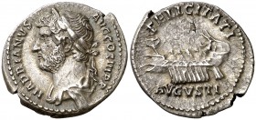 (132 d.C.). Adriano. Roma. Denario. (Spink 3491 var) (S. 713a var) (RIC. 240 var). 3,21 g. Ex Colección Leo Benz, Lanz 22/11/1999, nº 488. Rara. MBC+....