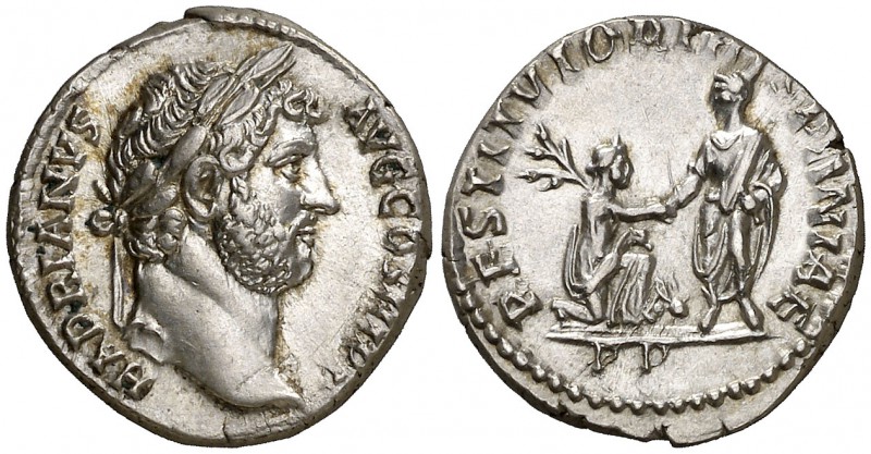 (136 d.C.). Adriano. Roma. Denario. (Spink 3535) (S. 1260) (RIC. 327). 3,58 g. C...