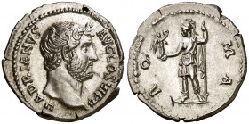 (132 d.C.). Adriano. Roma. Denario. (Spink falta) (S. 1298c) (RIC. falta). 3,32 g. Muy bella. Muy rara. EBC+.