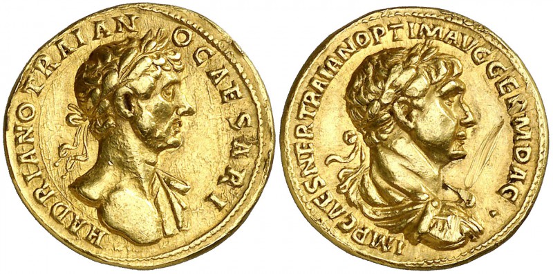 (117 d.C.). Adriano y Trajano. Roma. Áureo. (Spink 3878) (Co. 5 var) (RIC. 1 de ...