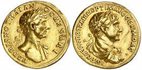 (117 d.C.). Adriano y Trajano. Roma. Áureo. (Spink 3878) (Co. 5 var) (RIC. 1 de Adriano) (Calicó 1415a, mismo ejemplar). 6,98 g. Raspadura en reverso....