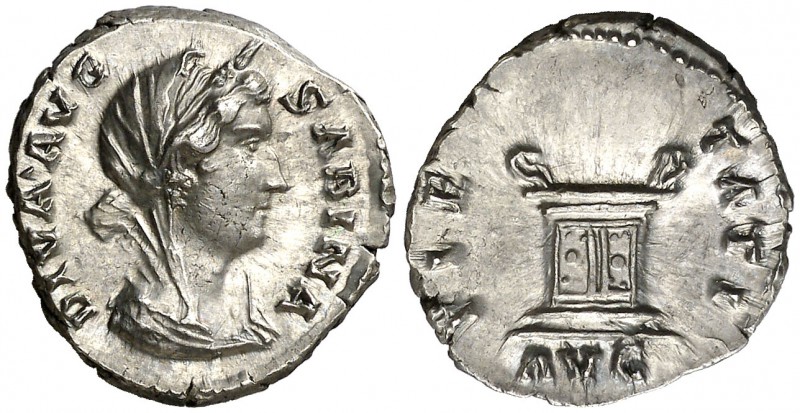 (136 d.C.). Sabina. Roma. Denario. (Spink 3896) (S. 56) (RIC. 422a). 3,30 g. Bel...