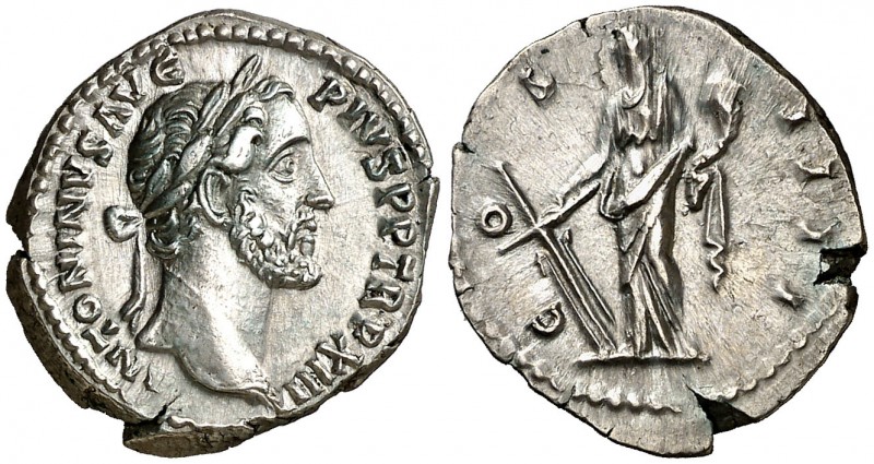 (149-150 d.C.). Antonino pío. Roma. Denario. (Spink falta) (S. 264a) (RIC. 188)....