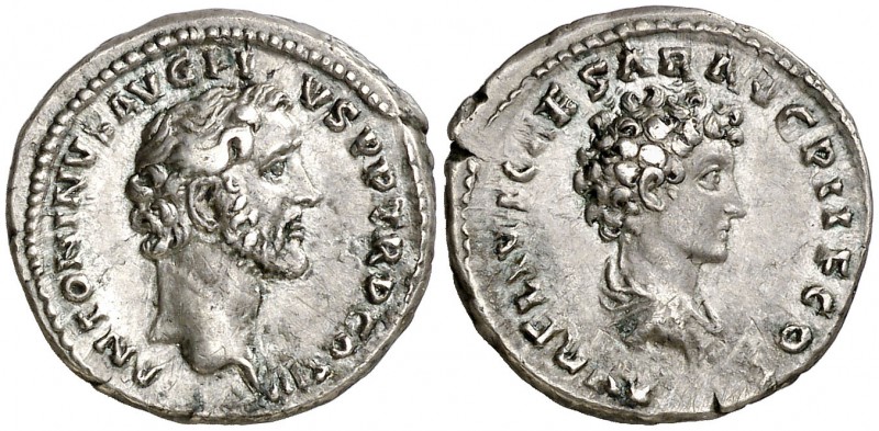 (141 d.C.) Antonino pío y Marco Aurelio. Roma. Denario. (Spink 4523 var) (S. 21)...