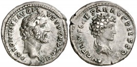 (141 d.C.) Antonino pío y Marco Aurelio. Roma. Denario. (Spink 4523 var) (S. 21) (RIC. 415b). 3,38 g. Atractiva. EBC-.