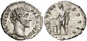(151-152 d.C.). Marco Aurelio. Roma. Denario. (Spink. 4790) (S. 645) (RIC. 453a de Antonino pío). 3,44 g. Acuñada bajo Antonino pío. Grieta radial. Be...