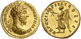 (167 d.C.). Marco Aurelio. Roma. Áureo. (Spink 4871 var) (Co. 883 var) (RIC. 172) (Calicó 1996). 7,33 g. Muy bella. Ex Colección Imagines Imperatorvm ...