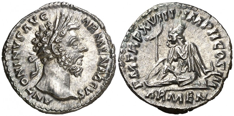 (164 d.C.). Marco Aurelio. Roma. Denario. (Spink. 4881) (S. 7) (RIC. 81). 3,17 g...