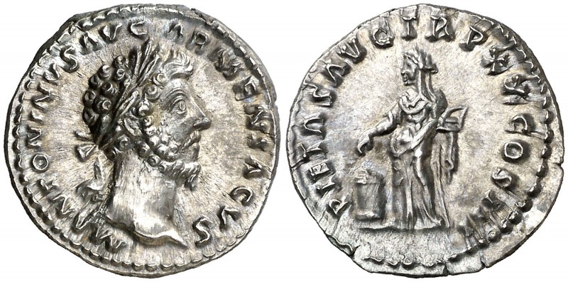 (166 d.C.). Marco Aurelio. Roma. Denario. (Spink. 4918) (S. 463) (RIC. 148). 3,5...