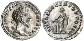 (166 d.C.). Marco Aurelio. Roma. Denario. (Spink. 4918) (S. 463) (RIC. 148). 3,54 g. Bella. EBC.