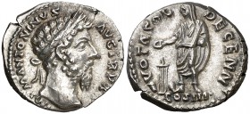 (171 d.C.) Marco Aurelio. Roma. Denario. (Spink. 4955) (S. 1031) (RIC. 248). 3,58 g. Bella. EBC.