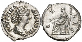 (161-175 d.C.). Faustina hija. Roma. Denario (Spink. 5249) (S. 35) (RIC. 669). 3,33 g. Bella. EBC.