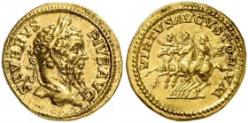 (210 d.C.). Septimio Severo. Roma. Áureo. (Spink 6245) (Co. 770) (RIC. 305) (Calicó 2577). 7,55 g. Ínfimas rayitas en reverso. Atractiva. Rara. (EBC-)...