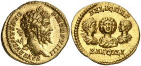 (201 d.C.). Septimio Severo, Julia Domna, Caracalla y Geta. Roma. Áureo. (Spink 6511) (Co. 1) (RIC. 175 de Septimio Severo) (Calicó 2589, mismo ejempl...