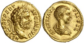 (196 d.C.). Septimio Severo y Caracalla. Roma. Áureo. (Spink 6514, mismo ejemplar) (Co. falta) (RIC. 72 de Septimio Severo) (Calicó 2596, mismo ejempl...