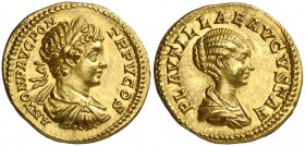 (202 d.C.). Caracalla y Plautilla. Roma. Áureo. (Spink 6521) (Co. 1) (RIC. 66 de Caracalla, sólo cita el denario) (Calicó 2858). 7,52 g. Extraordinari...