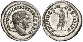 (215 d.C.). Caracalla. Roma. Denario. (Spink. 6829 var) (S. 296) (RIC. 263F). 3,19 g. Bellísima. S/C-.