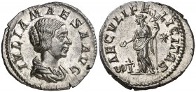 (220-222 d.C.). Julia Mesa. Roma. Denario. (Spink. 7757) (S. 45) (RIC. 271). 3,09 g. Muy Bella. EBC+.