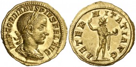 (241-243 d.C.). Gordiano III. Roma. Áureo. (Spink 8564) (Co. 37) (RIC. 97) (Calicó 3186). 4,72 g. Bellísima. Ex Superior 12/1993, nº 1959. Ex Colecció...