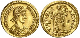 (430-455 d.C.). Valentiniano III. Milán. Sólido. (Spink 21266) (Co. 19) (RIC. 2025). 4,43 g. Muy bella. Ex NAC 30/03/1989, nº 1018. Ex CNG 04/12/1996,...