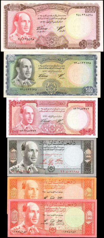 AFGHANISTAN. Lot of (6). Da Afghanistan Bank. 100, 500 & 1000 Afghanis, 1961-67....