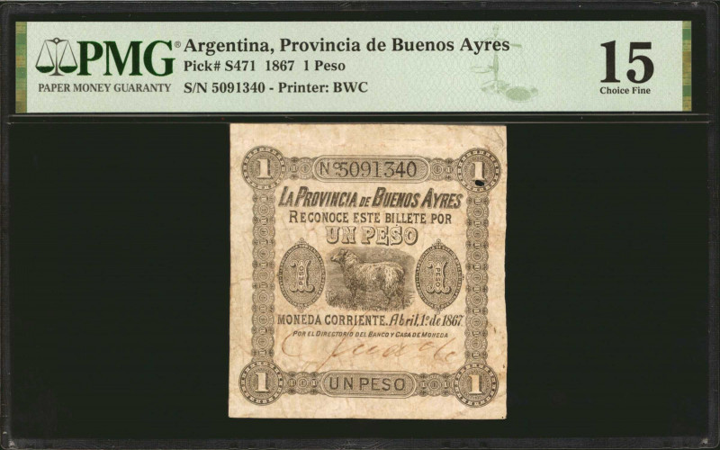 ARGENTINA. La Provincia de Buenos Ayres. 1 Peso, 1867. P-S471. PMG Choice Fine 1...