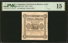 ARGENTINA. La Provincia de Buenos Ayres. 1 Peso, 1867. P-S471. PMG Choice Fine 15.

Issues as typical for the grade are noticed upon inspection. PMG...