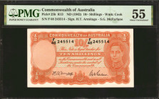 AUSTRALIA. Commonwealth of Australia. 10 Shillings, ND (1942). P-25b. PMG About Uncirculated 55.

Watermark: Cook. Signature combination of H.T. Arm...