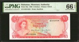 BAHAMAS. Bahamas Monetary Authority. 3 Dollars, 1968. P-28a. PMG Gem Uncirculated 66 EPQ.

Estimate: $100.00 - $200.00