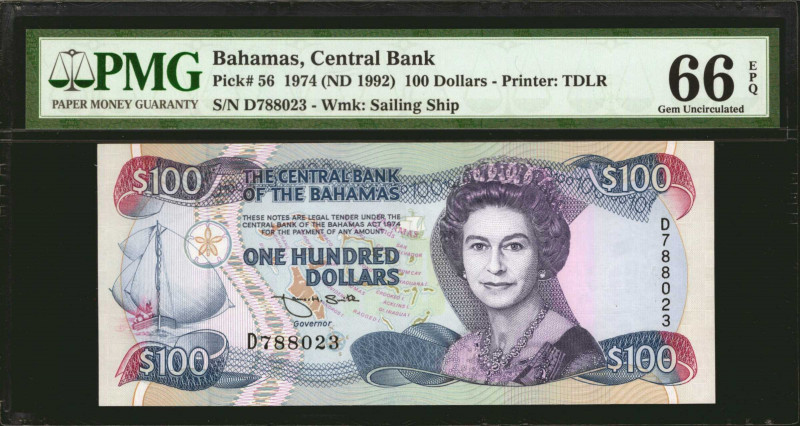 BAHAMAS. The Central Bank of the Bahamas. 100 Dollars, 1974 (ND 1992). P-56. PMG...