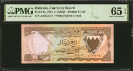 BAHRAIN. Bahrain Currency Board. 1/4 Dinar, 1964. P-2a. PMG Gem Uncirculated 65 EPQ.

Estimate: $200.00 - $400.00