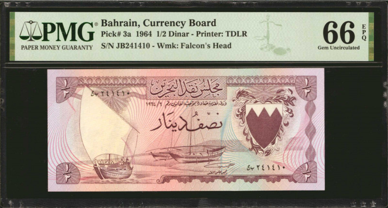 BAHRAIN. Bahrain Currency Board. 1/2 Dinar, 1964. P-3a. PMG Gem Uncirculated 66 ...