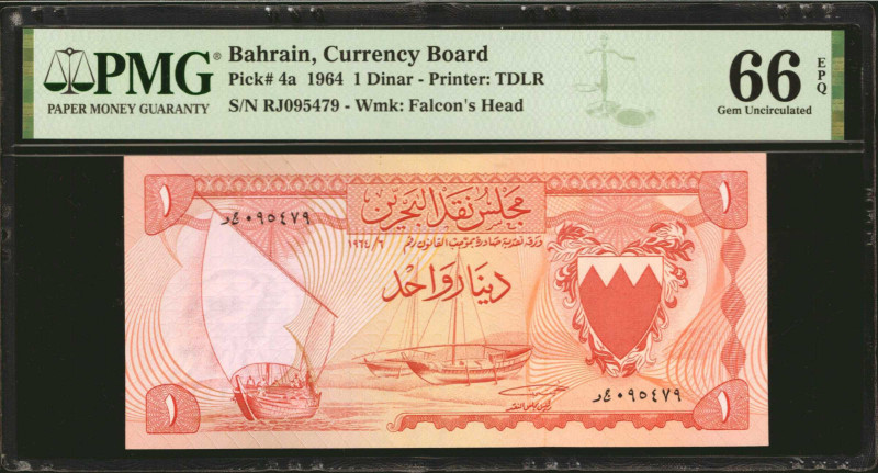 BAHRAIN. Bahrain Currency Board. 1 Dinar, 1964. P-4a. PMG Gem Uncirculated 66 EP...