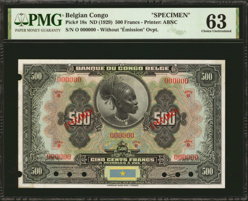 BELGIAN CONGO. Banque du Congo Belge. 500 Francs, ND (1929). P-18s. Specimen. PM...