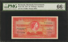 BERMUDA. Bermuda Government. 10 Shillings, 1957. P-19b. PMG Gem Uncirculated 66 EPQ.

Hamilton. Printed by BWC. Excellent Gem appeal.

Estimate: $...