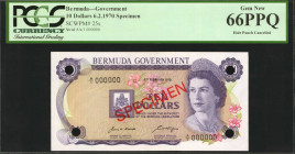BERMUDA. Government. 10 Dollars, 6.2.1970. P-25s. Specimen. PCGS Currency Gem New 66 PPQ.

Hole Punch Cancelled. Red specimen overprint on bright pa...