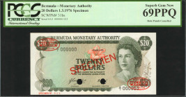 BERMUDA. Monetary Authority. 20 Dollars, 1.3.1976. P-31bs. Specimen. PCGS Currency Superb Gem New 69 PPQ.

Hole punch cancelled. A nearly perfect ex...