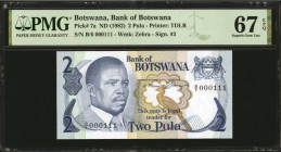 BOTSWANA. Bank of Botswana. 2 Pula, ND (1982). P-7a. PMG Superb Gem Uncirculated 67 EPQ.

PMG Pop 1/None Finer.

Estimate: $100.00 - $150.00
