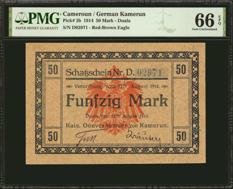 CAMEROON. German Kamerun. 50 Mark, 1914. P-2b. PMG Gem Uncirculated 66 EPQ.

E...