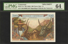 CAMEROON. Banque Centrale. 500 Francs, ND (1962). P-11s. PMG Choice Uncirculated 64.

Signature 1A. Colorful & well executed designs stand out on th...