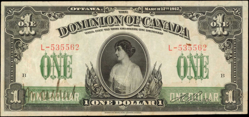 CANADA. Dominion of Canada. 1 Dollar, 1917. DC-23. Very Fine.

Dark green ink ...