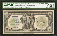 CANADA. The Canadian Bank of Commerce. 5 Dollars, 1917. CH# 751-602-02S. Specimen. PMG Choice Extremely Fine 45 Net. Previously Mounted, Ink.

Three...