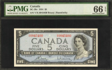 CANADA. Bank of Canada. 5 Dollars, 1954. BC-39c. PMG Gem Uncirculated 66 EPQ.

Estimate: $50.00 - $75.00